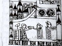 Cineva cu aripi (un om, un inger, un zeu) intra intr-un templu polivalent. Preoti sau sacerdoti isi trasmit ceva, posibile ofrande aduse lui Dumnezeu.