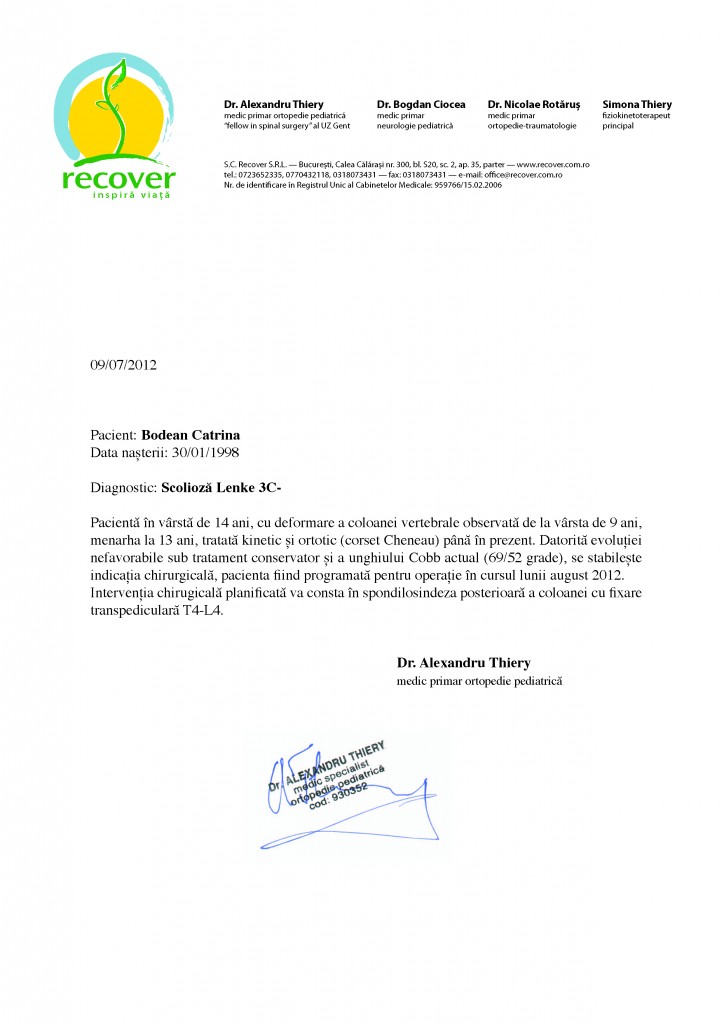 Recomandare medicala Bodean Catrina