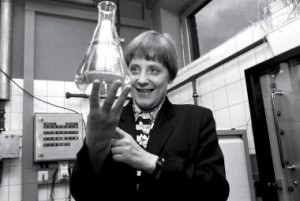 GERMANY - JANUARY 12: Angela MERKEL, Federal Minister for the Environment, Nature Conservation and Nuclear Safety in the water-control-station of Bad Honnef, Federal Minister Merkel is holding up a test tube filled with water. (Photo by Ulrich Baumgarten via Getty Images)
