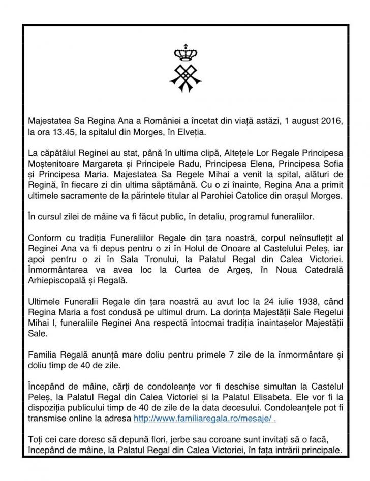 anunt casa regala - deces regina ana