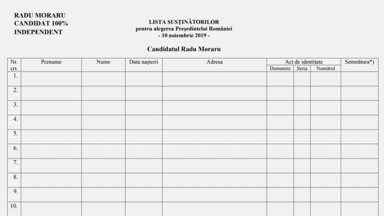 Apasati Aici pentru Tabelul de Semnaturi – Radu Moraru Presedinte – 10 Noiembrie 2019